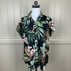 Trenery Blouse Top Women's Size M Black Tropical Floral Button Up Cap Sleeve - Picture 1 of 12