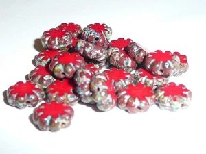 Cute Opaque Red Czech Flat Flower Glass Beads -  Picasso Finish on Edge (25) 9mm - Picture 1 of 6