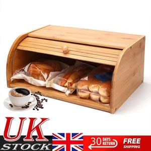 Bread Bin Bamboo Wooden Roll-Top Kitchen Food Storage Box Container UK STOCK - Picture 1 of 12