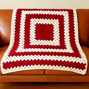 Hecho a mano ganchillo afgano rojo y blanco abuela tiro cuadrado 37"x 37" - Imagen 1 de 9