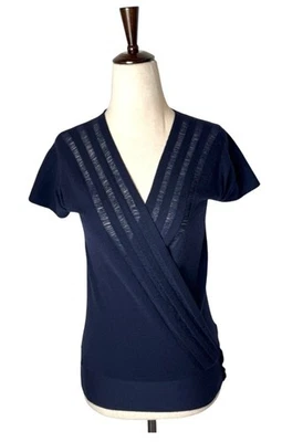 Theory Sweater Women XS Navy Blue Wool Knit Wrap Fringe Detail Luxury Preppy - Image 1 of 4