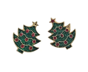 Vintage Weihnachtsbaum-Ohrstecker goldfarben und glitzernd Emaille - Bild 1 von 5