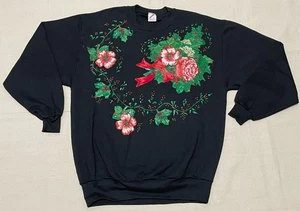 Vintage Jerzees Christmas Sweater Adult L Hand Painted Holly Floral Puff Paint - Picture 1 of 21