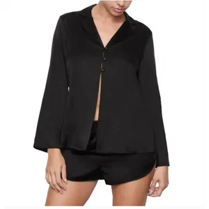Damen SKIMS Stretch Seide Pyjama Oberteil Langarm Kragen Ruß Schwarz Extra Large - Bild 1 von 8