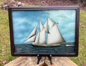Vintage Framed Chinese Reverse Glass Painting American 2 Masted Schooner Ship - Picture 1 of 20