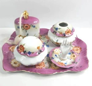 Antik Limoges China Waschtisch Kommode Set 7-teilig lila Blumen Frühling Handbemalt - Bild 1 von 14