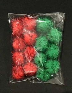 Tinsel Glitter Pom Poms - Red/Green - Pack of 15 - Size 25mm - Picture 1 of 1