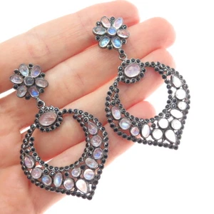 925 Sterling Silver Black Rhodium Real Moonstone & Black Spinel Dangle Earrings - Picture 1 of 7