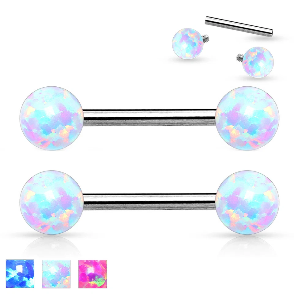 Pair Simulated Opal Internal Thread Surgical Steel Nipple Rings Barbell Piercing - Image 1 of 4