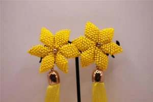 NIB Une Douce Bright Yellow Beaded Tassel Flower Dangle Pierced Earrings 5" - Picture 1 of 6