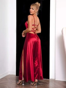 NWT WOMENS SATIN Spaghetti Strap Lace-Up Back Split Dress - HOLIDAY FORMAL - Picture 1 of 5