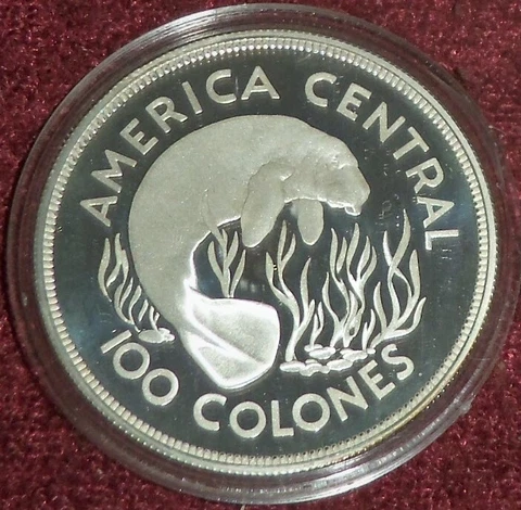 SCARCE 1974 COSTA RICA 100 COLONES MANATEE SILVER ONZA PROOF, ~35 Gms. TW ! Cover