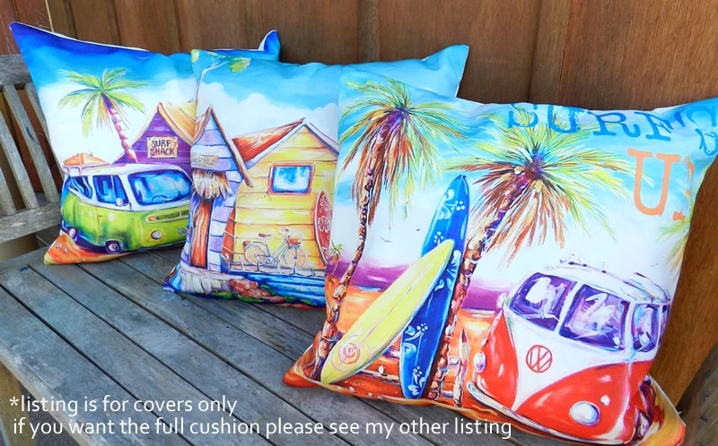 DEBORAH BROUGHTON ART Pillow Cushion COVER Surf Beach Kombi Australian - 50x50cm - image 1 of 1