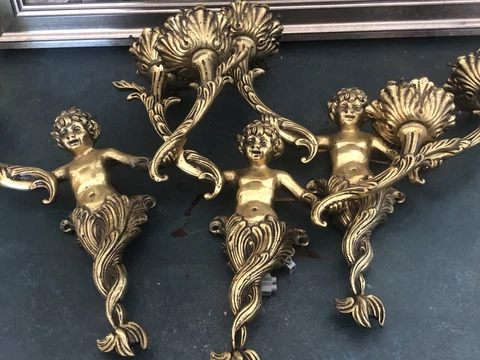 Antique Set 3 French Bronze Satyrs Figurines Wall Lights Sconces Gothic Cover