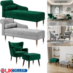 Velvet Left Armrest Chaise Longue Sofa Armchair Footstool Chair Lumbar Pillow UK - Picture 1 of 90