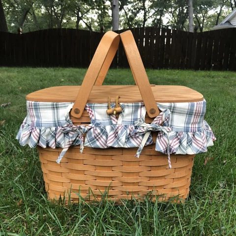 Longaberger ‘95 Large Picnic Basket Pie Riser Plaid Fabric Liner Clear Protector Cover