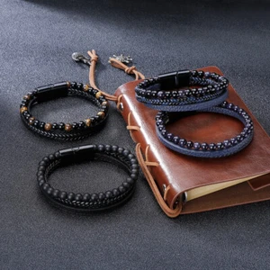 Leather Natural Stone Braided Surfer Wristband Bracelet Tiger Eyes Beaded Bangle - Picture 1 of 8