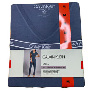 Calvin Klein Ladies 2 Pc Lounge Set Pajama Womens Viscose Bamboo Blue MEDIUM