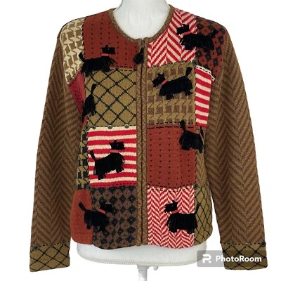 Susan Bristol Cardigan Sweater Size Petite L Patchwork Scottie Dogs Brown Zipper - Image 1 of 4
