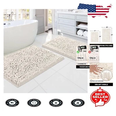 Tapetes de banho antiderrapantes de chenille marfim - Conjunto de luxo de 2 peças para banheiros modernos - Imagem 1 de 4