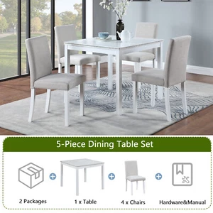 5-Pcs Dining Table Set Wooden Square with 4 Upholstered Chairs for Kitchen White - Picture 1 of 9