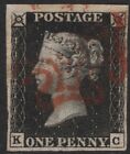 GB 1840 1d black plate 6 KC very fine used, 4 good margins, neat red MX
