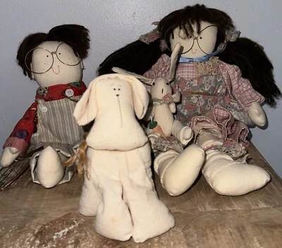 Primitive Folk Art Glasses Boy Girl Puppy Rabbit Rustic Country Farmhouse Granny - Image 1 of 4