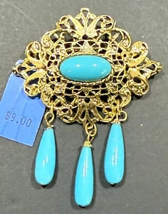WHITING & DAVIS NOS Vintage Gold Tone Filigree Blue Cabochon Dangle Brooch - Imagen 1 de 4