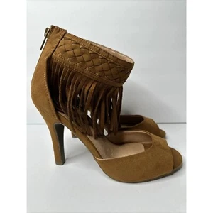 Lane Bryant Shoes brown faux suede fringed open toe ankle strap heels 8 W - Picture 1 of 5