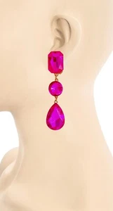 3" lange klassische elegante lineare Clip-On Fuchsia Hot Pink Kristall Ohrringe Festzug - Bild 1 von 2