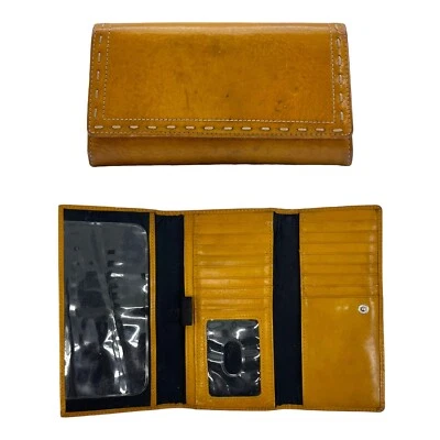 Vintage FOSSIL Large Leather Trifold Wallet Full Sized Clutch Organizer YELLOW - Image 1 of 4