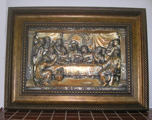 Vintage Wall Art Religious Last Supper Raised 3D Metal Framed - Picture 1 of 4