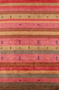 Unique Vibrant Striped Rug Pink Handmade Wool Gabbeh Carpet 5x8 ft. - Picture 1 of 18