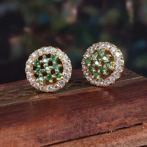 2Ct Round Cut Lab-Created Green Emerald Stud Earrings 14K Yellow Gold Plated - Picture 1 of 4
