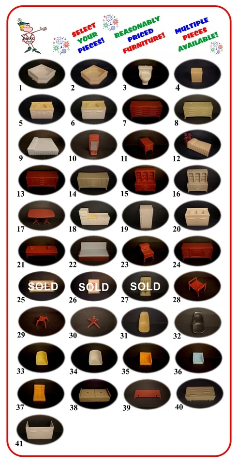 Muebles vintage para casa de muñecas estilo Snap-fit/imaginación de plástico escala 1/2" MARX Foto 1 de 1