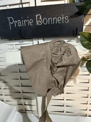 Primitive Prairie Child Bonnet Tea/coffee Stained Tan Brown Pinstripe - Image 1 of 2
