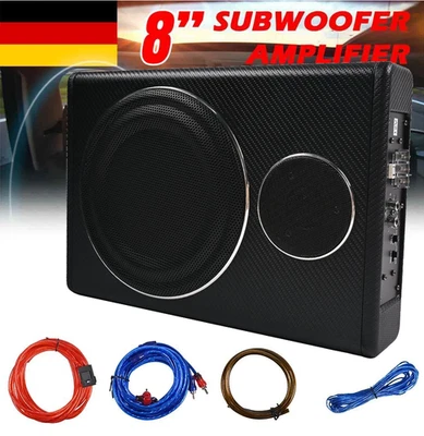 8" Aktiv Subwoofer Untersitz 800 Watt Bass Flach Auto KFZ PKW mit Kabelset DHL - Bild 1 von 4