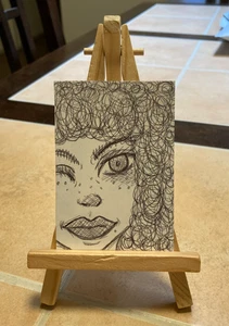 Original ACEO Art Card - Curly hair girl - 2.5 inch x 3.5 inch ink portrait - Picture 1 of 1