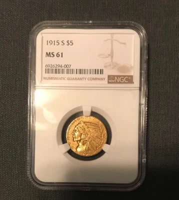 1915-S $5 INDIAN GOLD HALF EAGLE CERTIFIED NGC MS61 SAN FRAN GOLD LOW MINTAGE! - Image 1 of 2