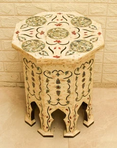 Handmade Moroccan 21" Wood Side Table, Coffee & End Mother of Pearl Inlaid Table - Picture 1 of 10