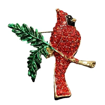 Broche Cardenal Rojo Pin Cristales Rojos Esmalte Verde 2" x 2-1/8" Vacaciones de Navidad Foto 1 de 4