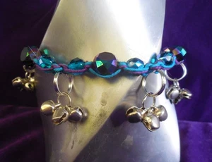 Hemp Anklet with Silver Bells in Purple Green Aqua Blue Adjustable Boho Jewelry - Picture 1 of 6