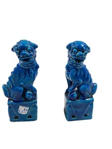 Vintage Turquoise Chinese Foo Dogs, Guardian Lions Proper Pair Murano 7.5” - Picture 1 of 10