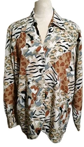 Kim Rogers Animal Print Button Up Blouse SZ 1X Black Brown White Long Sleeve - Picture 1 of 13