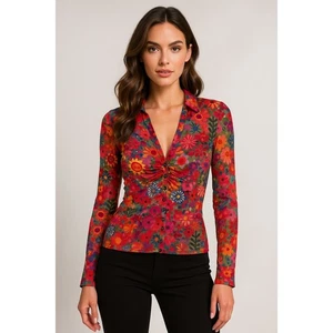 Natural Life Blouse Womens XL Pink Floral Mesh Sheer Boho Art Hippie Retro - Picture 1 of 18