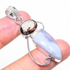 Natural Blue Lace Agate, Smoky Topaz Pendant 2.17" T946 - Picture 1 of 8