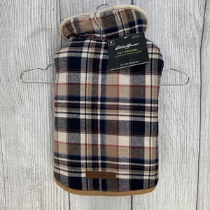 Eddie Bauer Dog Coat Medium Navy Tan Plaid Sherpa Lined Reversible Jacket 20-35 - Picture 1 of 10
