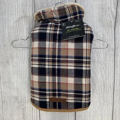 Eddie Bauer Dog Coat Medium Navy Tan Plaid Sherpa Lined Reversible Jacket 20-35 - Image 1 of 4