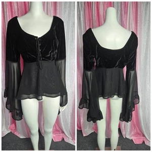 Pyramid Collection Darkling Black Velvet Flowy Sleeves Gothic Top Size Medium - Bild 1 von 14