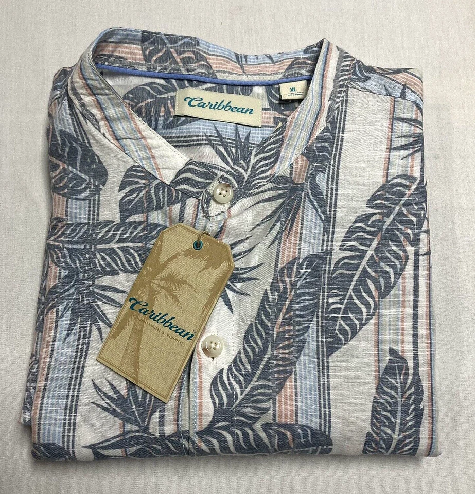 Caribbean Men Shirt XL Button Down Linen Blend Long Sleeve Tropical Blue New - Image 1 of 4
